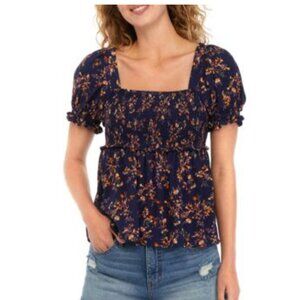 Blue Foral Smocked Square Neck Blouse (L)